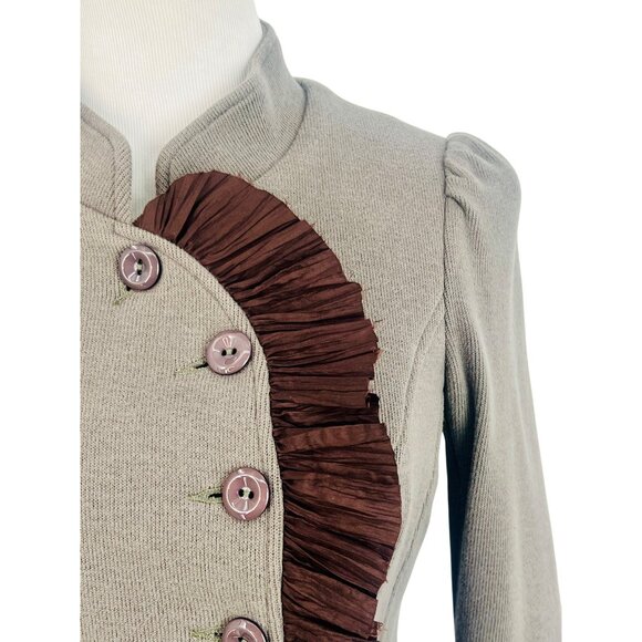 Y2K Free People Olive Green Brown Ruffle Military Jacket Steampunk Boho Academia - Picture 4 of 16